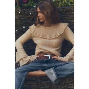 Zara Womens Beige Ruffle Bell Sleeve Romantic Wool Alpaca Blend Knit Sweater L